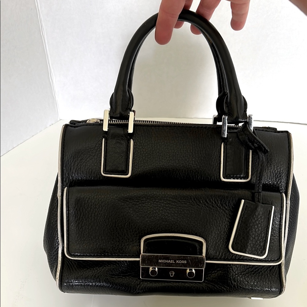 Michael Kors Audrey Medium Satchel Black Pebbled Leather w/ White Trim